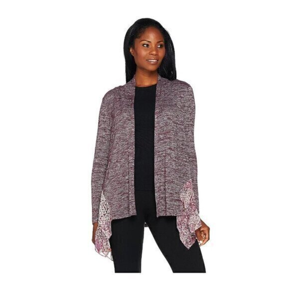 LOGO by Lori Goldstein Space Dye Cardigan with Pleated Chiffon Trim Size Medium - Picture 1 of 9